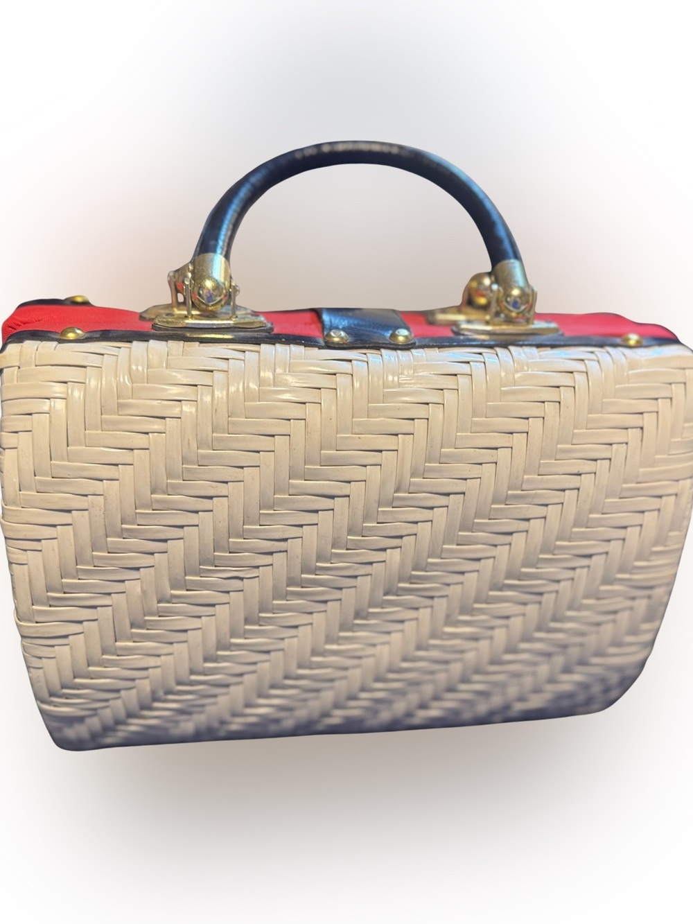 Vtg ’60s Woven Straw Top-Handle Bag Black Red Trim Gold Studs Made in Hong Kong - Picture 2 of 9